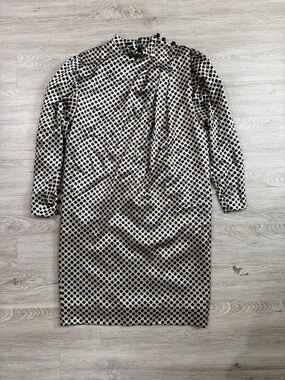 Albert Nipon Silk Vintage Polka Dot Long Sleeve Shift Dress - Black and Cream